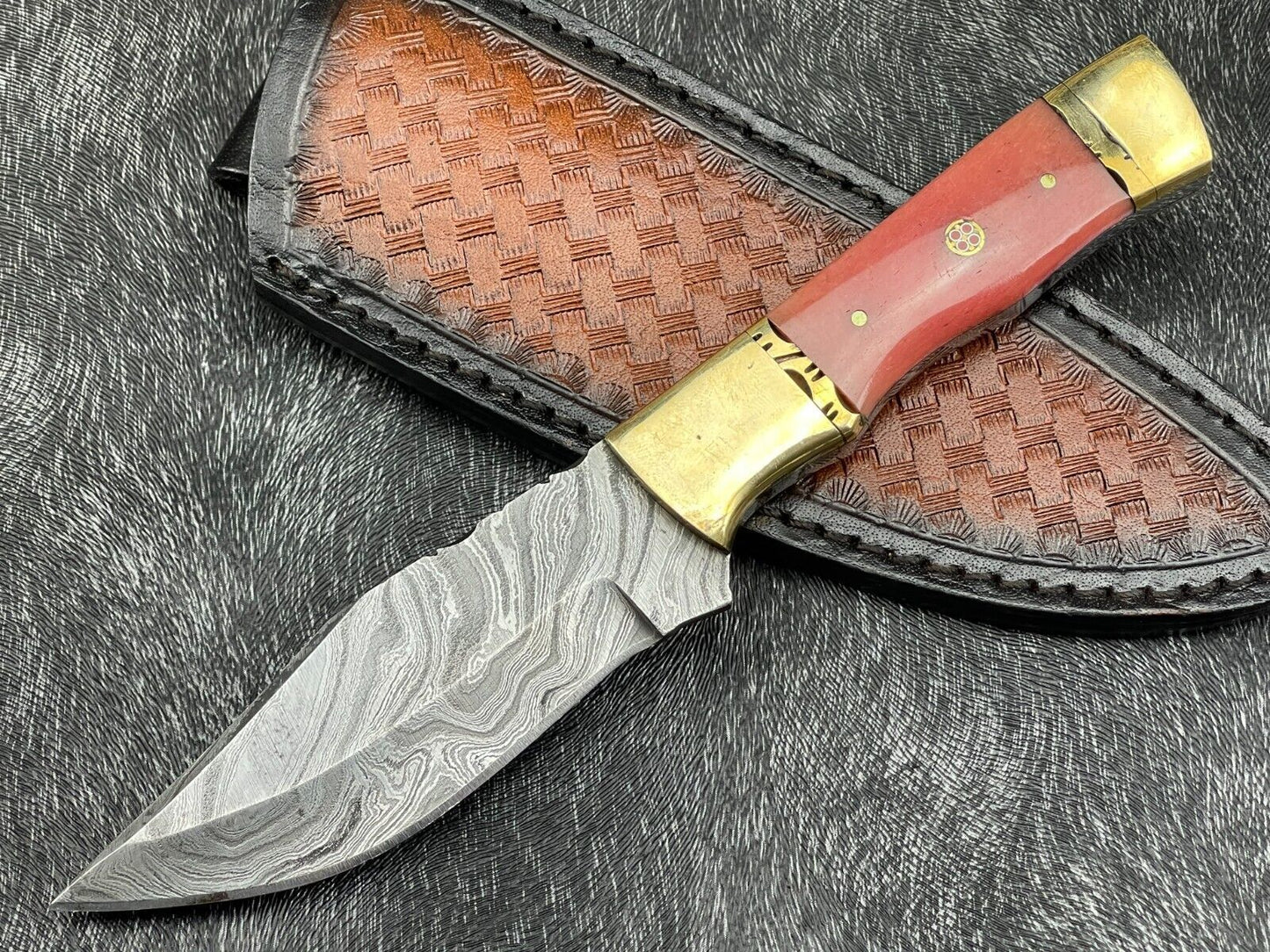 Heritage Forge 9 Inch Damascus Steel Hunting Skinning Knife with Resin Handle and brass including Leather Sheath