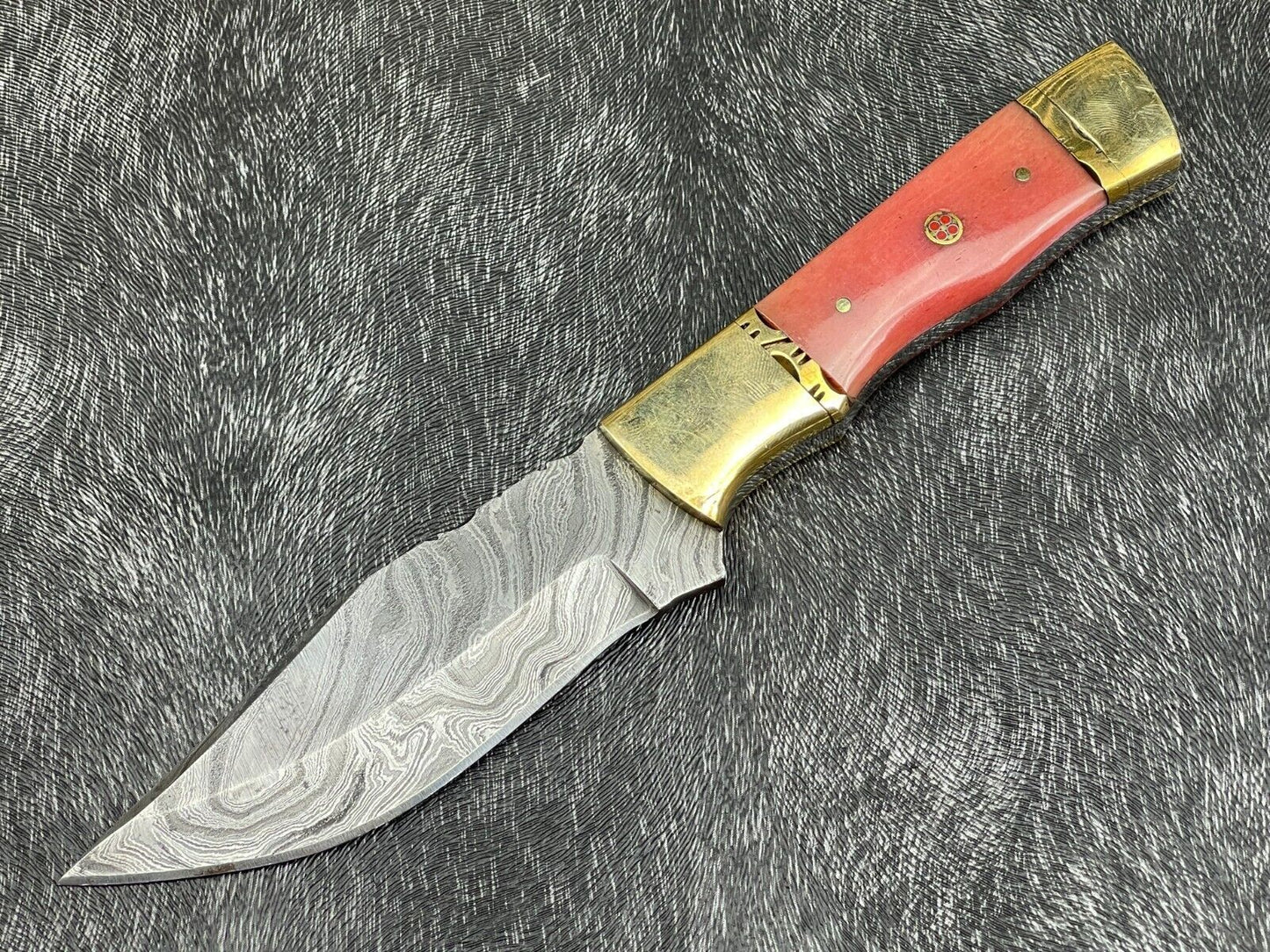 Heritage Forge 9 Inch Damascus Steel Hunting Skinning Knife with Resin Handle and brass including Leather Sheath