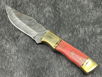 Heritage Forge 9 Inch Damascus Steel Hunting Skinning Knife with Resin Handle and brass including Leather Sheath