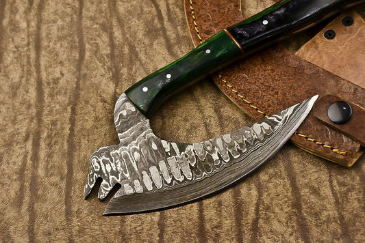 Hand Forged Damascus Steel Hunting Axe Knife Hard Wood Handle Clever Chopper with Leather Sheath