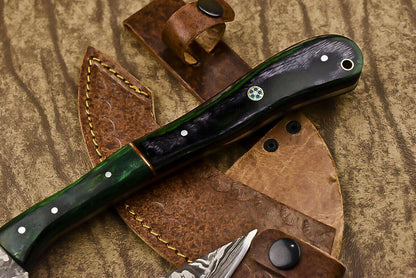 Hand Forged Damascus Steel Hunting Axe Knife Hard Wood Handle Clever Chopper with Leather Sheath
