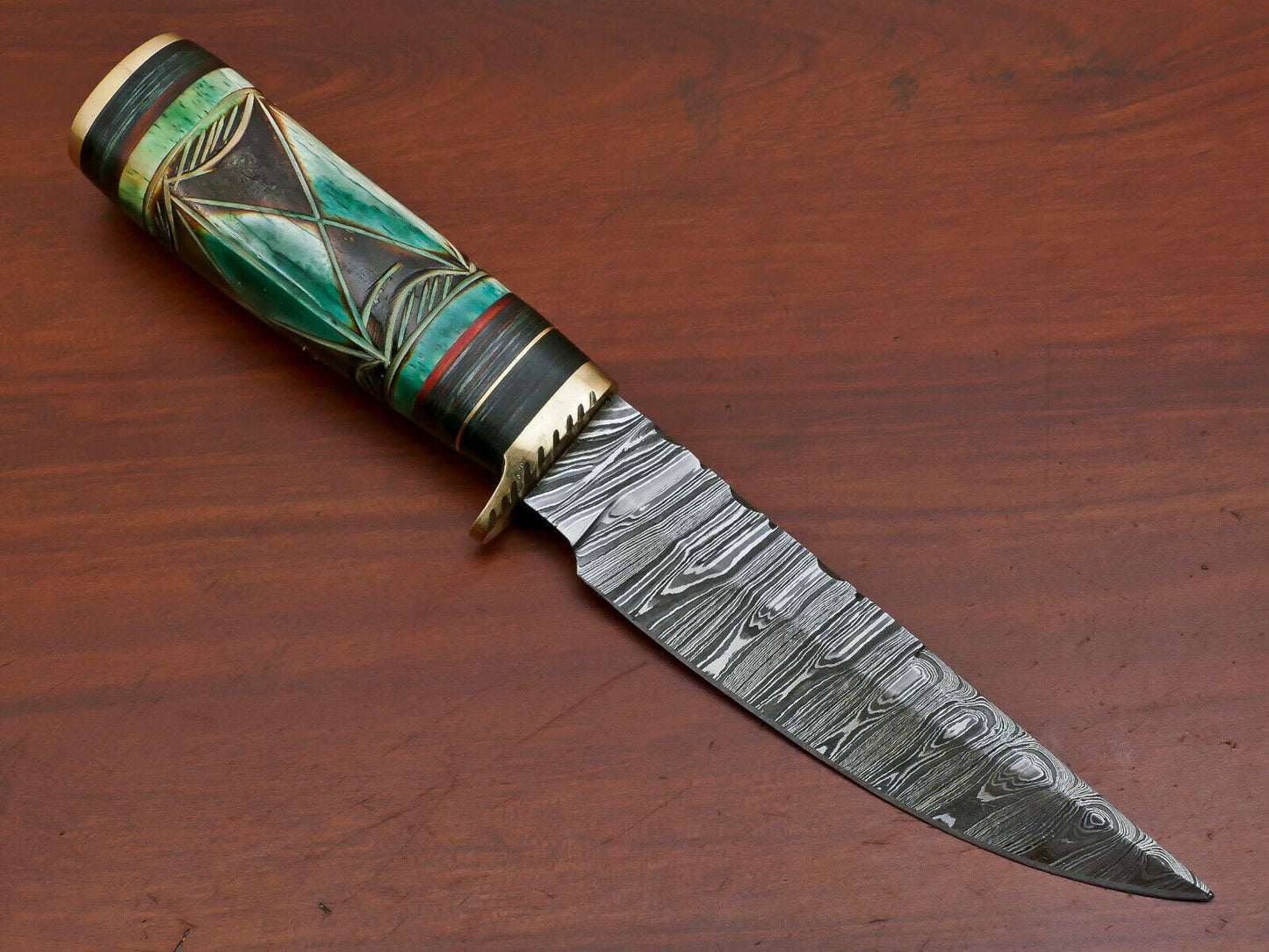 10" Damascus Bowie Knife – Camel Bone & Pakka Wood Handle with Brass Guard