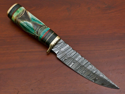10" Damascus Bowie Knife – Camel Bone & Pakka Wood Handle with Brass Guard