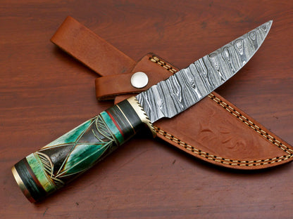 10" Damascus Bowie Knife – Camel Bone & Pakka Wood Handle with Brass Guard