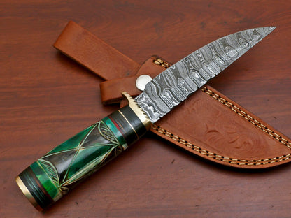 10" Damascus Bowie Knife – Camel Bone & Pakka Wood Handle with Brass Guard
