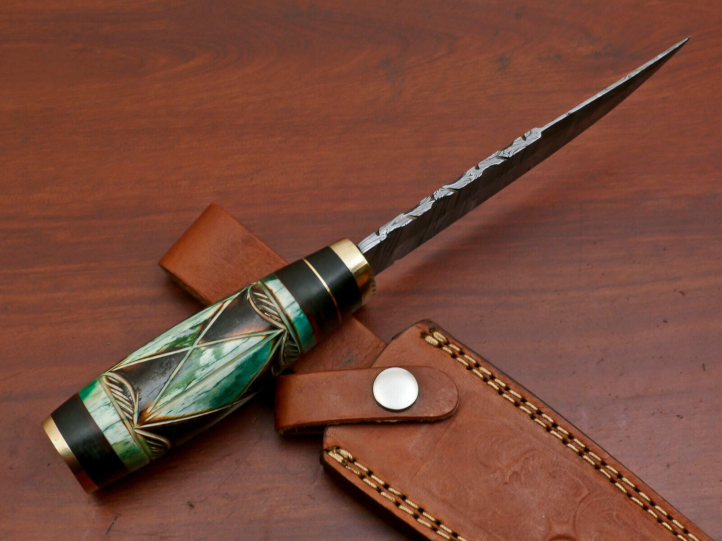 10" Damascus Bowie Knife – Camel Bone & Pakka Wood Handle with Brass Guard