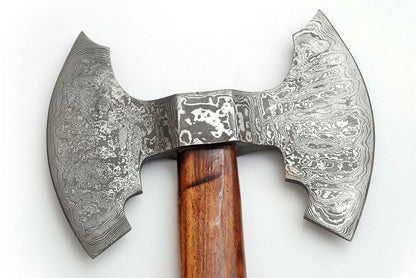 Custom Handmade 23 Inch Damascus Steel Axe with Rosewood Handle and Leather Sheath