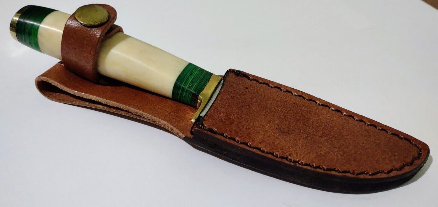 7.375" Hunting Bowie Knife 440 Stainless Steel Drop Point Blade White Bone Handle with Leather Sheath