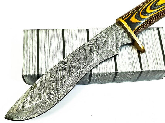 12.5" Handmade Damascus Steel Bowie Knife – Walnut Wood Handle & Brass Guard with Sheath