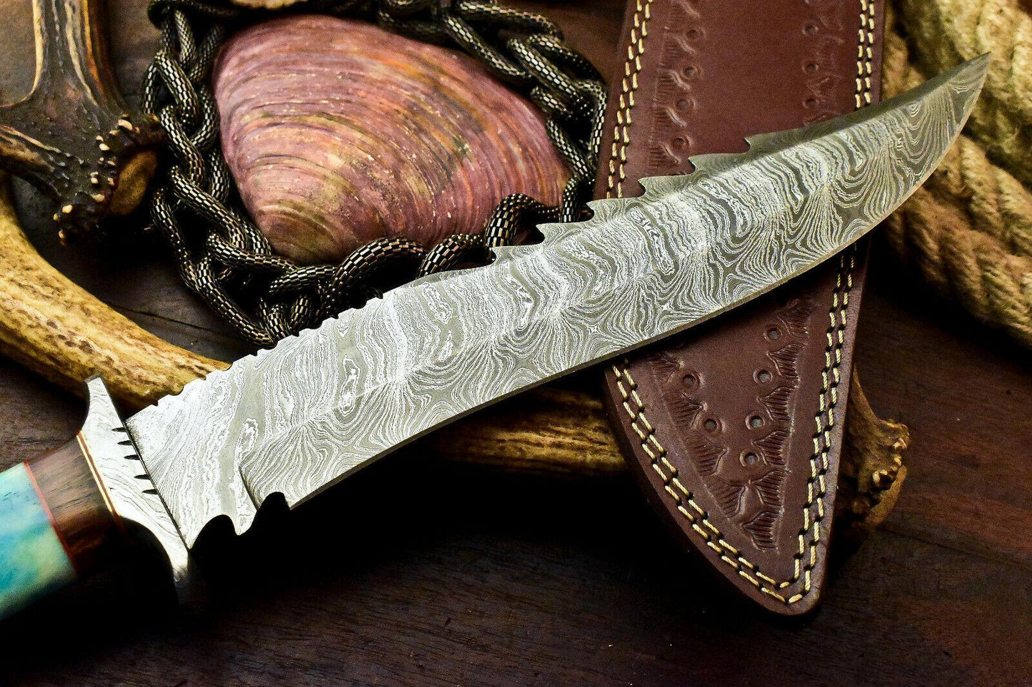 Damascus Camel Bone Bowie Knife – 15" Laser Etched Hunting Blade
