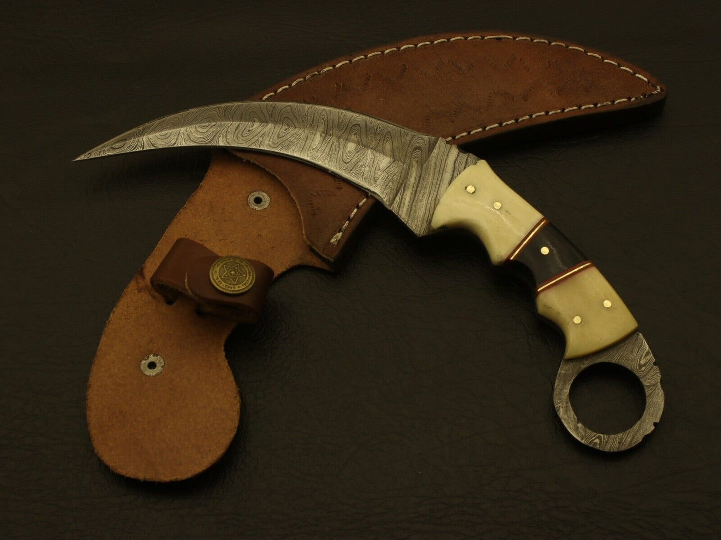 9” Handmade Double Edged Damascus Karambit Knife With Camel and Buffalo Bone Handle