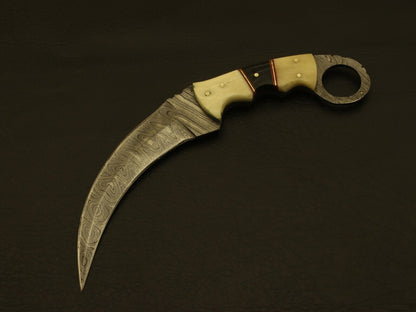 9” Handmade Double Edged Damascus Karambit Knife With Camel and Buffalo Bone Handle