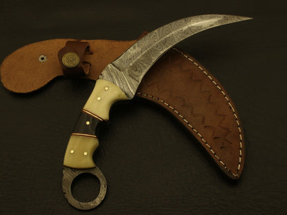 9” Handmade Double Edged Damascus Karambit Knife With Camel and Buffalo Bone Handle
