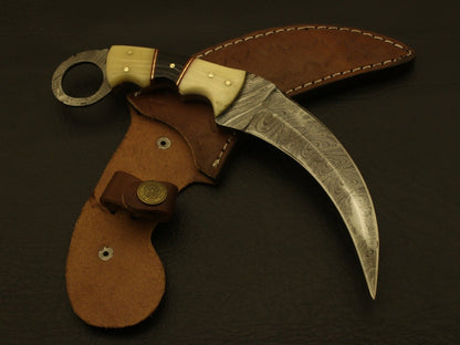 9” Handmade Double Edged Damascus Karambit Knife With Camel and Buffalo Bone Handle