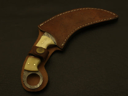 9” Handmade Double Edged Damascus Karambit Knife With Camel and Buffalo Bone Handle