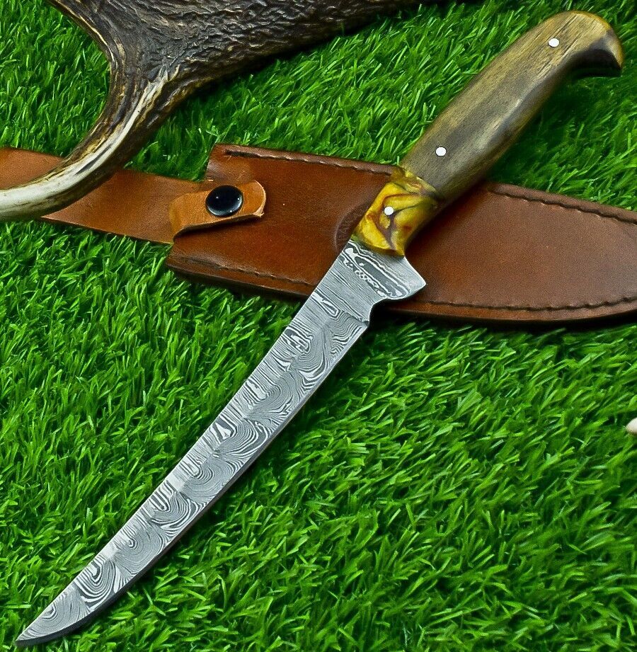 Hand Forged Damascus Steel Fillet Knife – Custom Kitchen Chef Knife with Resin & Natural Wood Handle