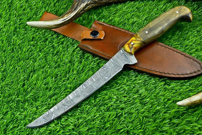 Hand Forged Damascus Steel Fillet Knife – Custom Kitchen Chef Knife with Resin & Natural Wood Handle
