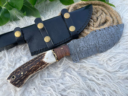 12" Handmade Damascus Steel Tracker Knife – Red Deer Stag Handle, Big Game Hunting Knife with Leather Sheath