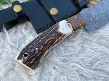 12" Handmade Damascus Steel Tracker Knife – Red Deer Stag Handle, Big Game Hunting Knife with Leather Sheath