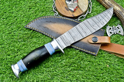 12" Damascus Steel Bowie Knife – Resin Handle & Leather Sheath