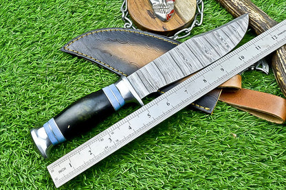 12" Damascus Steel Bowie Knife – Resin Handle & Leather Sheath