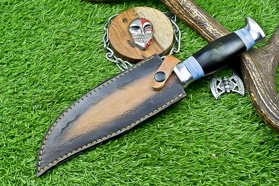12" Damascus Steel Bowie Knife – Resin Handle & Leather Sheath