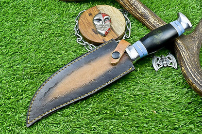 12" Damascus Steel Bowie Knife – Resin Handle & Leather Sheath