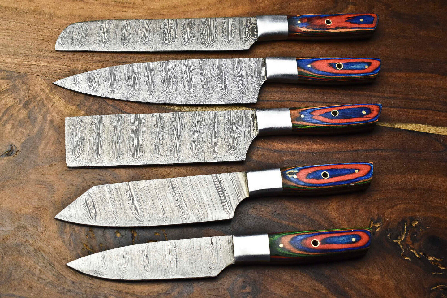 Custom Lot of 5 Handmade Hammered Damascus Steel Chef Knife Set – Full Tang Kitchen Blades