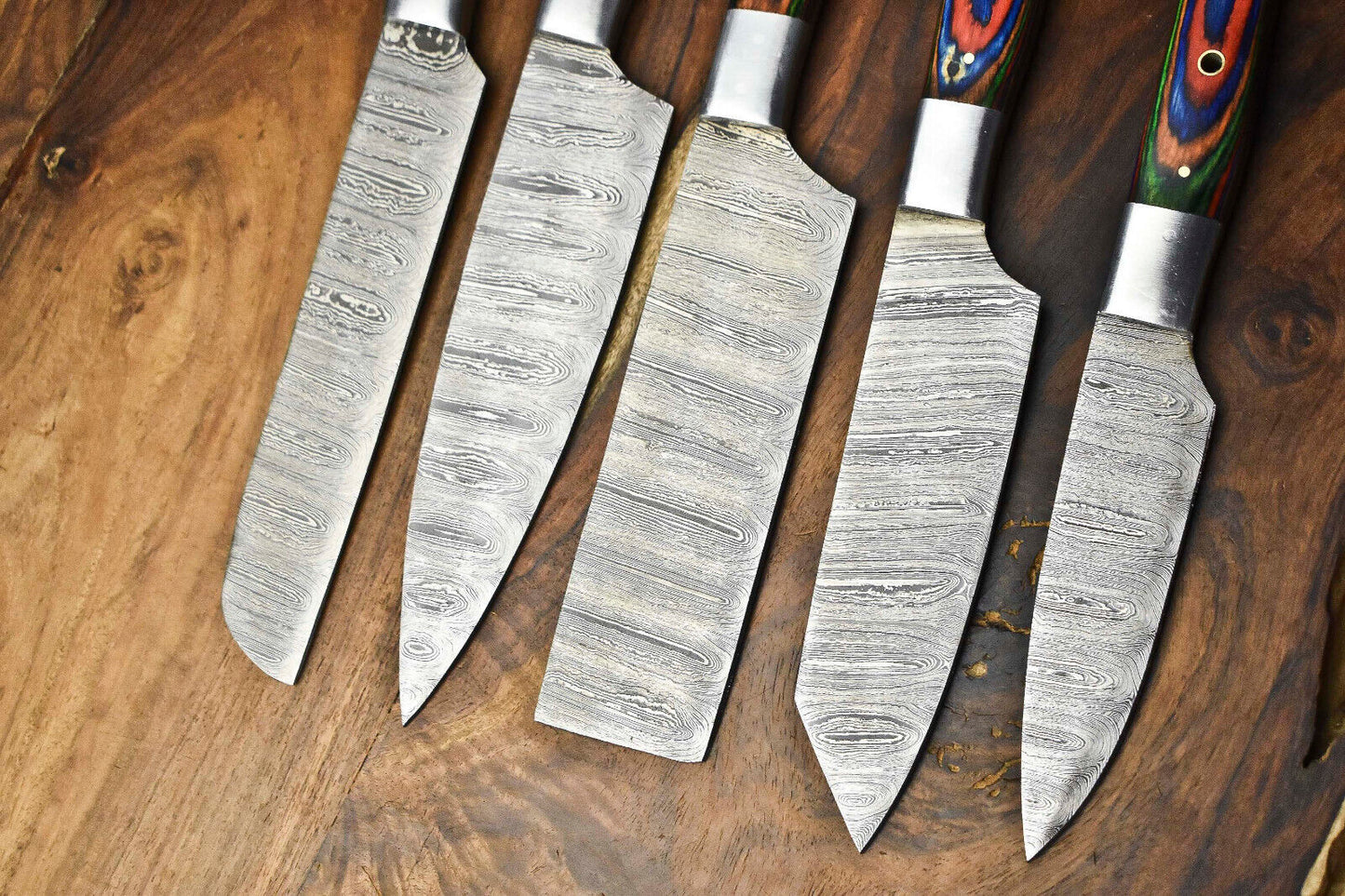 Custom Lot of 5 Handmade Hammered Damascus Steel Chef Knife Set – Full Tang Kitchen Blades