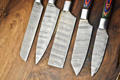 Custom Lot of 5 Handmade Hammered Damascus Steel Chef Knife Set – Full Tang Kitchen Blades