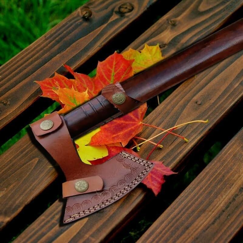 14 Inch Handmade Viking Hatchet – Forged Carbon Steel Axe with Rosewood Handle and Leather Sheath