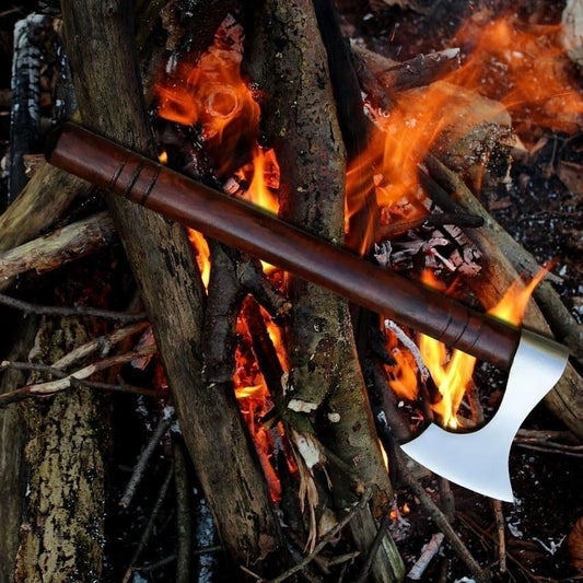 14 Inch Handmade Viking Hatchet – Forged Carbon Steel Axe with Rosewood Handle and Leather Sheath
