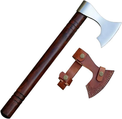 14 Inch Handmade Viking Hatchet – Forged Carbon Steel Axe with Rosewood Handle and Leather Sheath