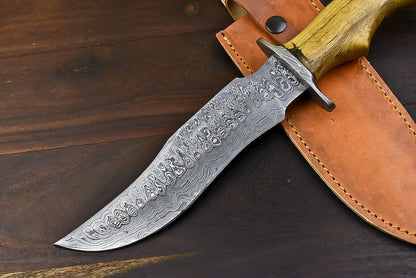 13.5" Handmade Damascus Bowie Knife – Hardwood Handle