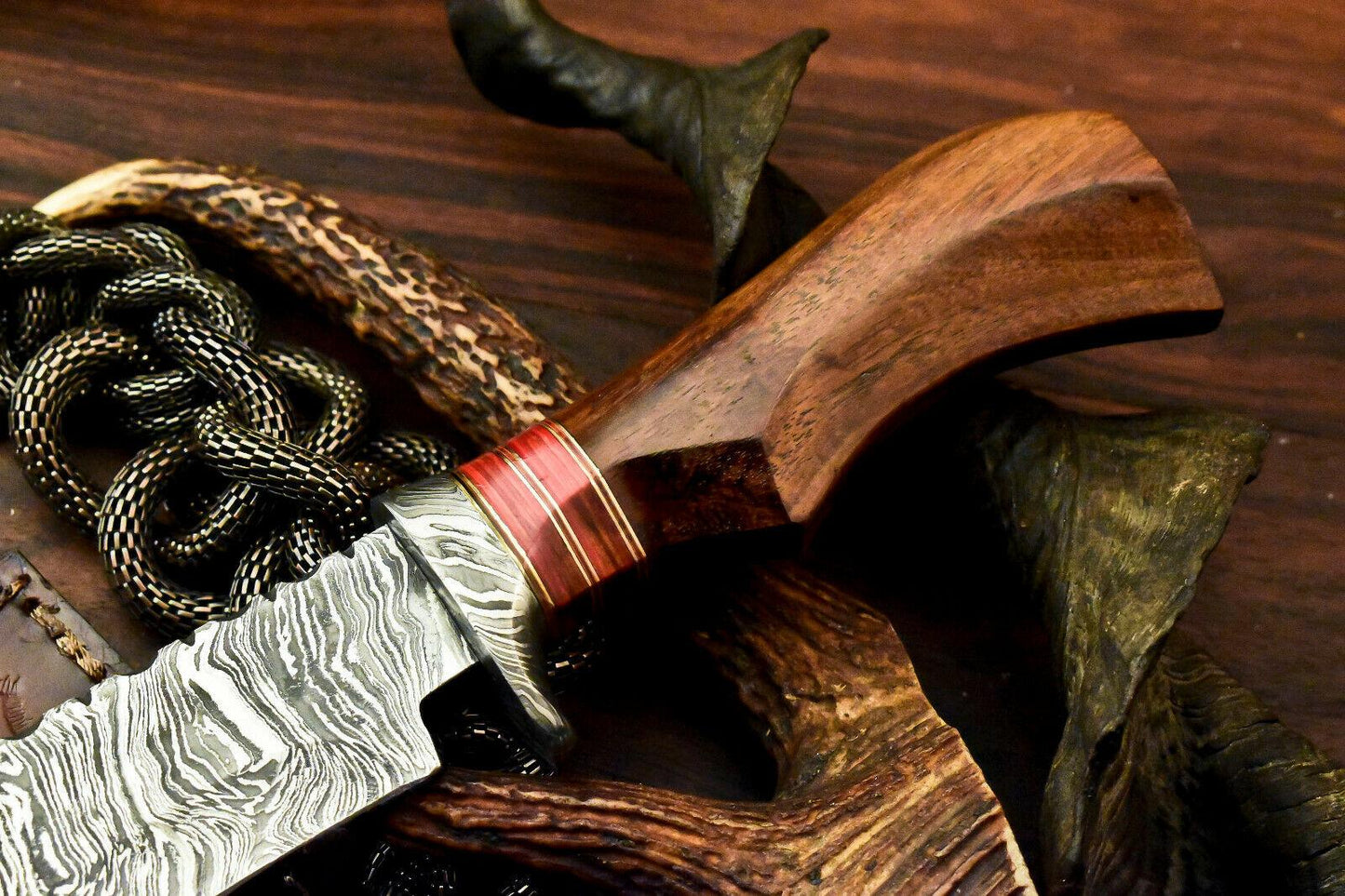 12" Custom Damascus Bowie Knife | Walnut Wood Handle