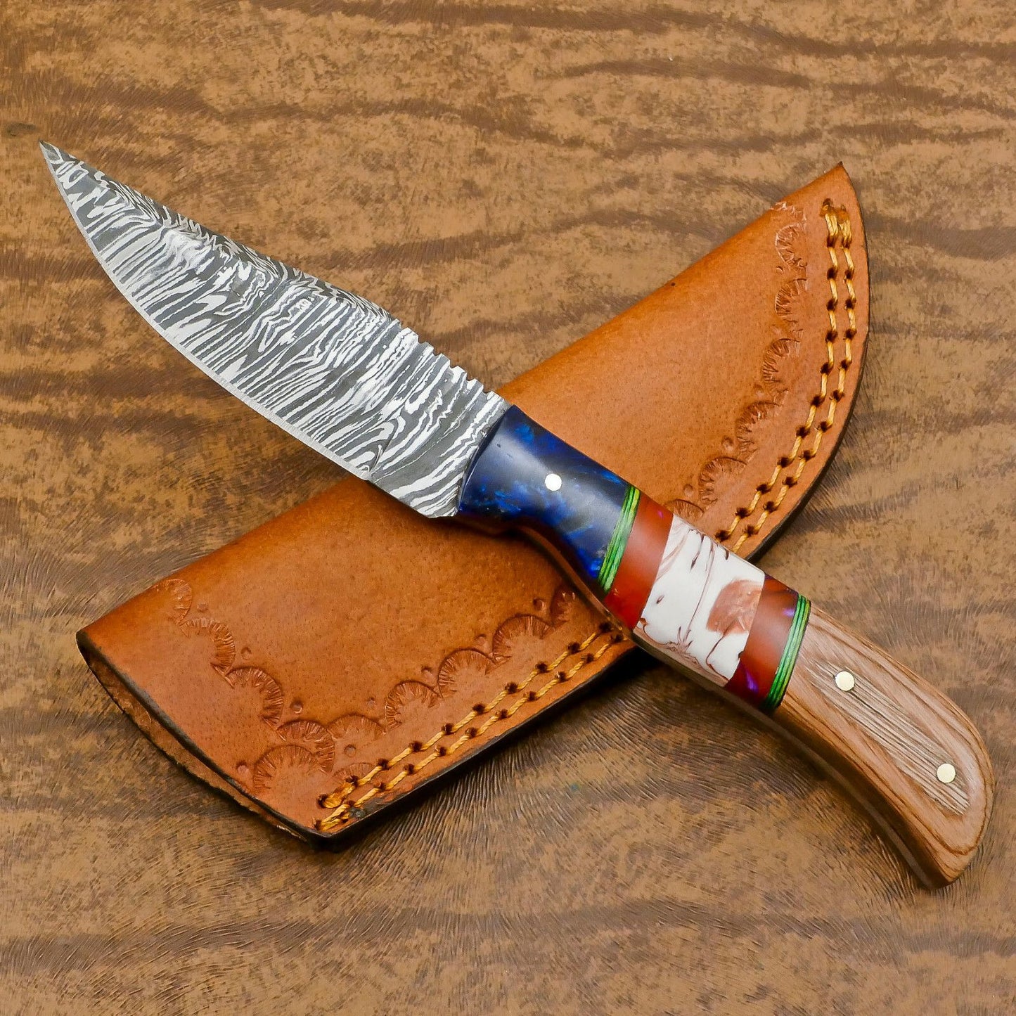 Heritage Forge Handmade Damascus Skinner Hunting Knife with Resin and Wood Handle – Custom Fixed Blade