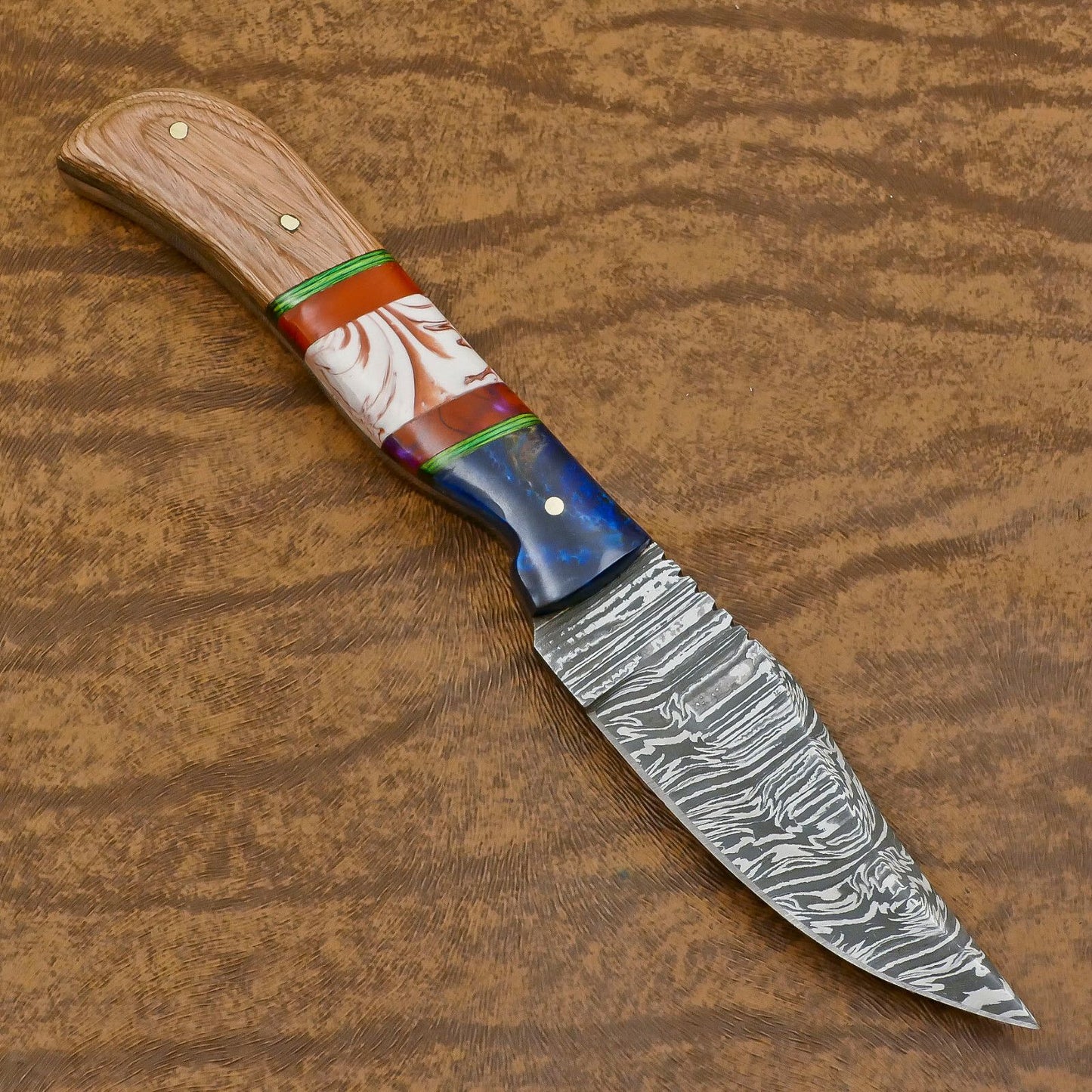 Heritage Forge Handmade Damascus Skinner Hunting Knife with Resin and Wood Handle – Custom Fixed Blade