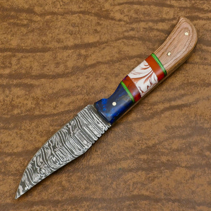 Heritage Forge Handmade Damascus Skinner Hunting Knife with Resin and Wood Handle – Custom Fixed Blade