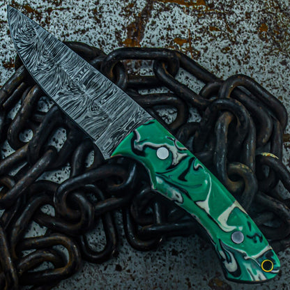8.5 Inch Damascus Bowie Hunting Knife with Resin Handle and Leather Sheath