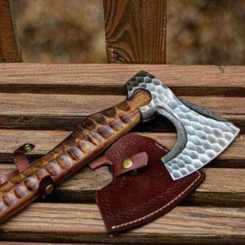Custom Hand Forged Carbon Steel Viking Tomahawk Hatchet Axe with Ashwood Handle and Leather Sheath