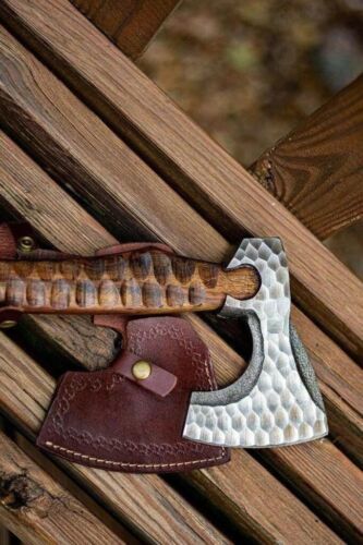 Custom Hand Forged Carbon Steel Viking Tomahawk Hatchet Axe with Ashwood Handle and Leather Sheath