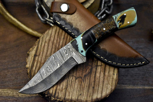 9" Twist Damascus Skinner Knife with Corian Handle and Micarta Bolster – Handmade Hunting Blade