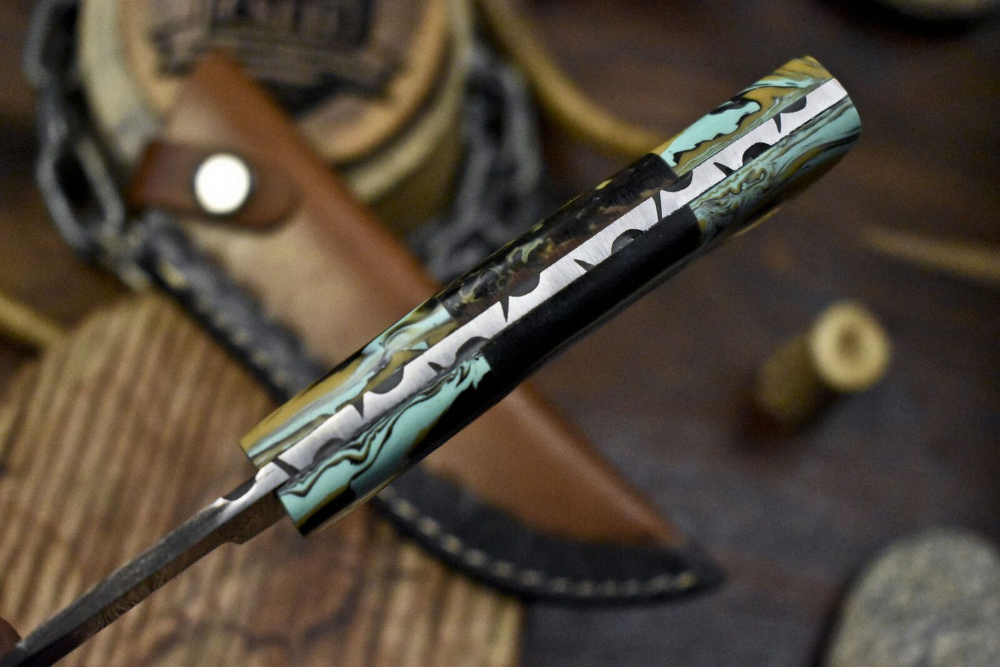 9" Twist Damascus Skinner Knife with Corian Handle and Micarta Bolster – Handmade Hunting Blade