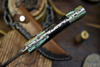 9" Twist Damascus Skinner Knife with Corian Handle and Micarta Bolster – Handmade Hunting Blade