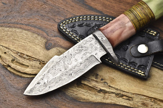 Forged Rain Drop Damascus Skinner Knife – Camel Bone & Wood Handle with Leather Sheath