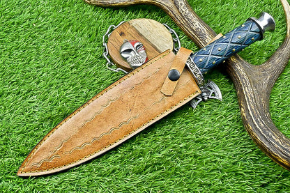 13.5" Premium Handmade Damascus Steel Dagger – Outdoor Bowie Knife with Leather Sheath