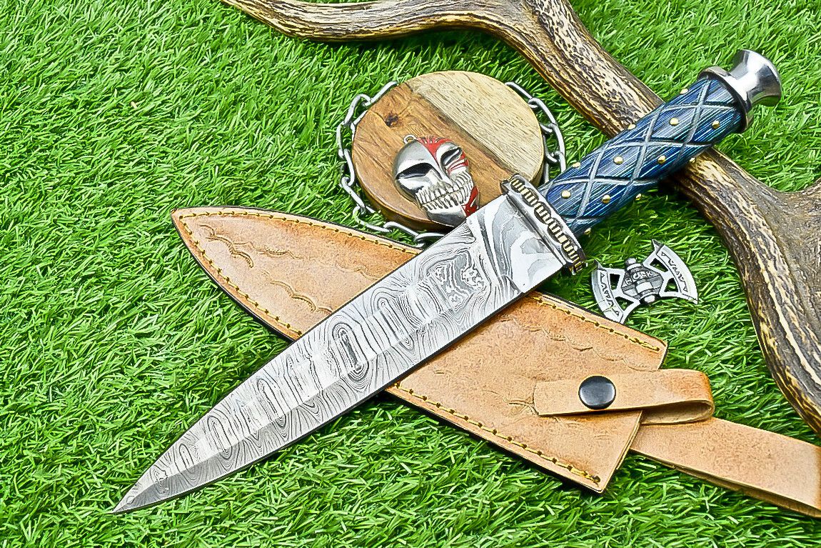 13.5" Premium Handmade Damascus Steel Dagger – Outdoor Bowie Knife with Leather Sheath