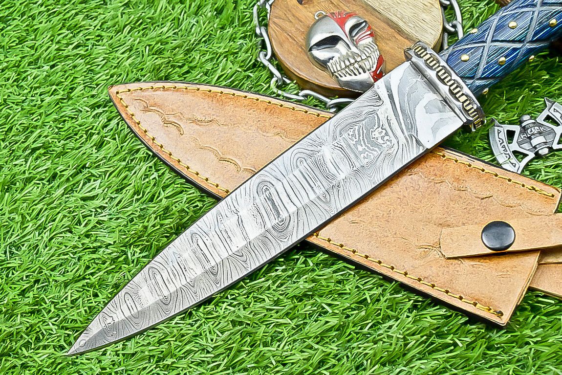 13.5" Premium Handmade Damascus Steel Dagger – Outdoor Bowie Knife with Leather Sheath