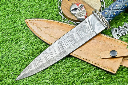 13.5" Premium Handmade Damascus Steel Dagger – Outdoor Bowie Knife with Leather Sheath