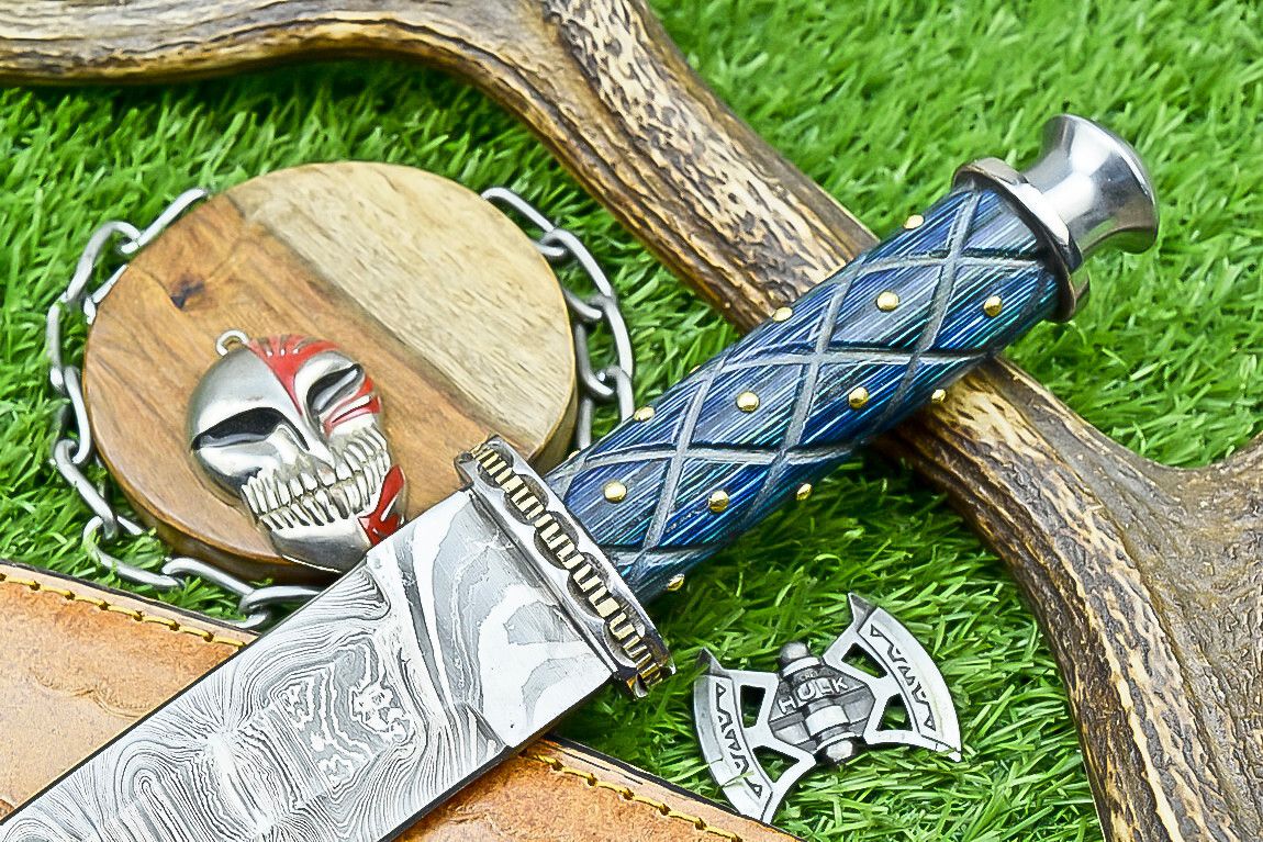 13.5" Premium Handmade Damascus Steel Dagger – Outdoor Bowie Knife with Leather Sheath